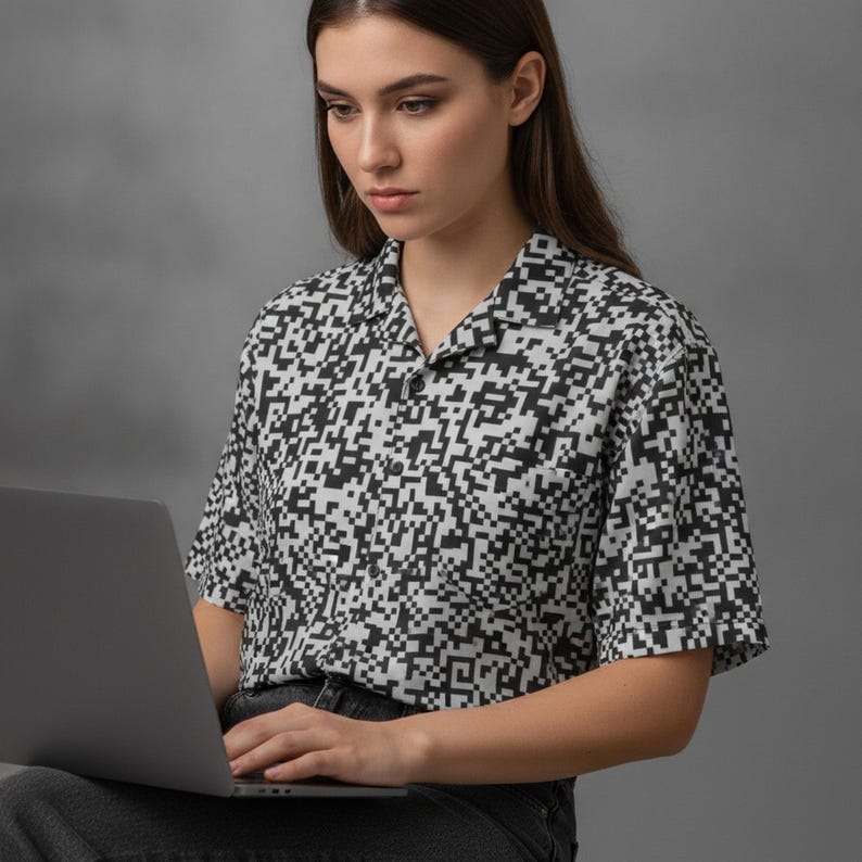 A software developer woman in her 20s at a laptop showing off Digital Scanner Hawaiian Shirt Button Down, Binary Code Aloha Shirt, QR Code Button Up, Barcode Beach Top, Data Matrix Resort Wear