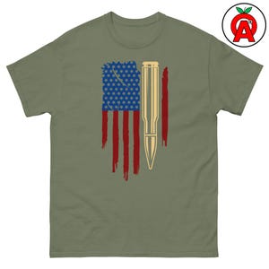 American Flag Rifle Ammo Adult Unisex Classic Shirt, Patriotic 2A T-Shirt, Military Supporter Top, Camo Lover TShirt, Firearm Graphic Tee