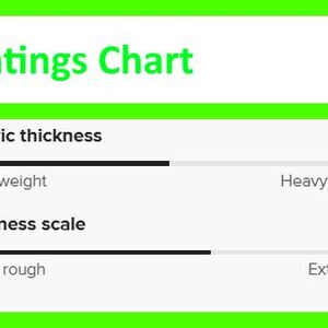 May include: A green-bordered graphic titled "Ratings Chart" with scales for fabric thickness and softness. The fabric thickness scale ranges from "Lightweight" to "Heavyweight." The softness scale ranges from "Extra rough" to "Extra soft."