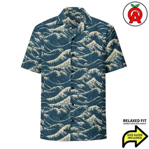 Aloha-Hemd mit Ukiyo-e-Motiv „Große Welle“, japanisches Button-Down-Hemd, Strandhemd „Kanagawa“, Urlaubshemd mit Holzschnittmuster