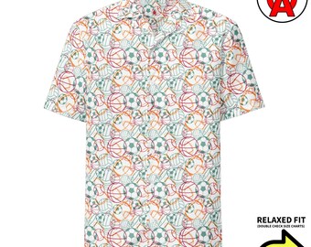 Sport Bälle Muster Hawaii-Hemd, Unisex Kurzarm All-Over Relaxed Fit Button Down Aloha Shirt