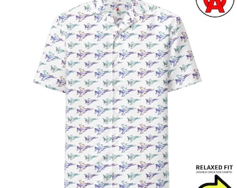 Camisa hawaiana unisex para adultos con estampado de avión a reacción, piloto de caza, aeroespacial, corte relajado, con botones, poliéster reciclado, resistente a la humedad.
