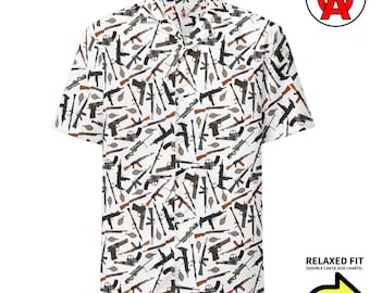 Firearm Hawaiian Shirt, Rifle Aloha Shirt, Tactical Button Down, Patriotic Camp Shirt, Military Beach Top, Conservative Vacation Shirt