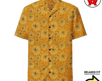 Estampado gótico de telaraña espeluznante para Halloween, camisa hawaiana unisex para adultos, corte relajado, con botones y tejido transpirable.