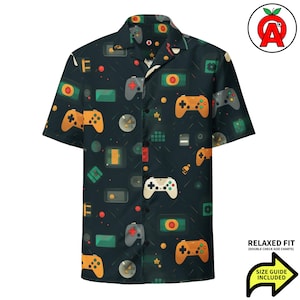 Retro Classic Video Game Controllers Pattern, Adult Unisex All-Over Relaxed Fit Button Up Hawaiian, Recycled Polyester, Breathable Construct