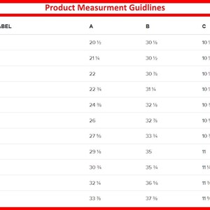 Op de afbeelding: Een productmaattabel met maatlabels en afmetingen in inches. De tabel bevat maten van 2XS tot 6XL, met afmetingen voor A, B en C. De tekst "Product Measurement Guidelines" staat bovenaan.