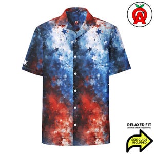 Patriotic Hawaiian Shirt, Freedom Aloha Shirt, Liberty Button Down, Stars and Stripes Beach Top, Cosmic Patriotic Tropical Resort Top