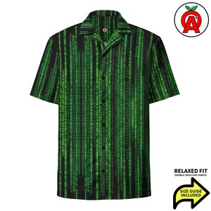 Binary Hawaiian Shirt, Digital Rain Button Down, Code Aloha Shirt, Programming Button Up, Cyberpunk Beach Top, Tech Aesthetic Resort Wear