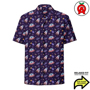 Alien Hawaiian Shirt, UFO Short Sleeve, Space Button Down, Galactic Relaxed Fit, Stellar Adult Unisex, Quick Dry, UPF50+