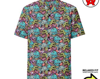 Monster Hawaiian Shirt, Heads Adult Unisex Shirt, Skulls Relaxed Fit Shirt, Creature Short Sleeve Button Down, Skeleton Aloha Top, Quick Dry