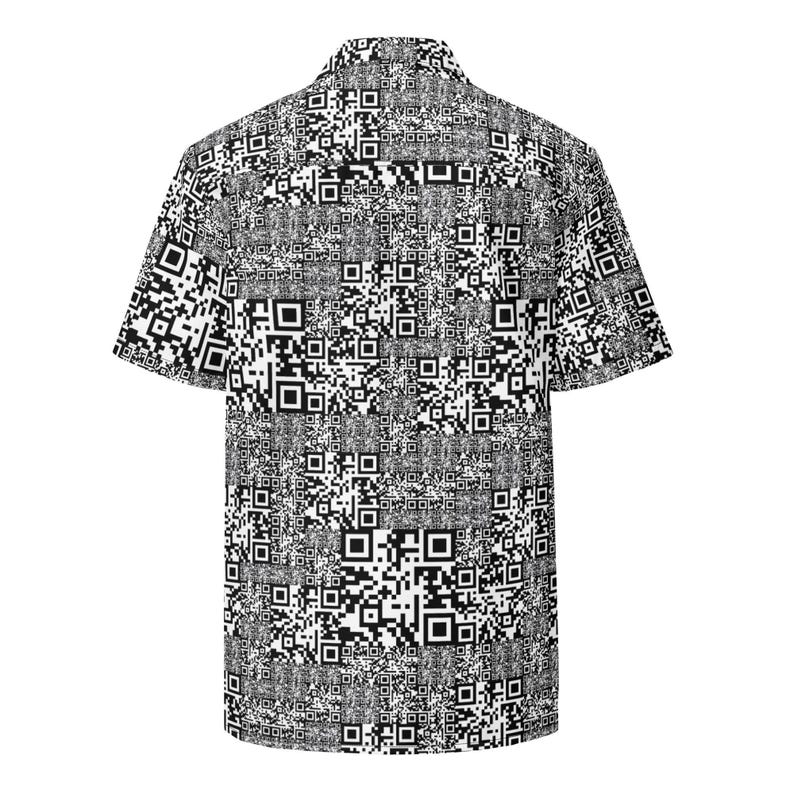 QR Code Barcode Data Matrix Pattern, Adult Unisex All-Over Relaxed Fit Button Up Hawaiian Shirt, Moisture Wicking UPF50+ Material, For Gift