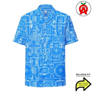 Camicia unisex con stampa integrale di motore meccanico blu per adulti, regalo per ingegneri, abbigliamento per nerd della matematica, design del motore hawaiano tecnologico
