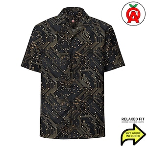 Circuit Board Shirt, Hawaiian Button Up, Adult Unisex, Relaxed Fit, Moisture Wicking, UPF50+ Material, Engineer Programmer Gift