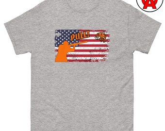 Pull Trap Shooter T-Shirt, American Flag Patriotic Clay Pigeon Shotgun Sports Tee, Skeet Shooting Gift