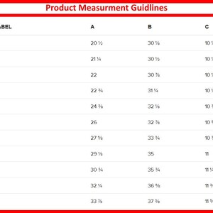 Op de afbeelding: Een productmeting richtlijnentabel in een wit tabelformaat met rode randen. De tabel bevat maatlabels van 2XS tot 6XL, met bijbehorende metingen in inches voor de kolommen A, B en C. De tekst "Product Measurement Guidelines" staat bovenaan.