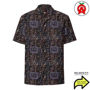 Mayan Aztec Aloha Shirt, Tiki Pattern Button Down, Indigenous Motifs Camp Shirt, Ancient Cultures Beach Top, Tribal Geometric Vacation Shirt