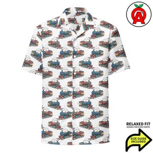 Train Hawaiian Shirt, Locomotive Adult Unisex Short Sleeve Shirt, Railroad All-Over Relaxed Fit Button Down Shirt, Conductor Aloha