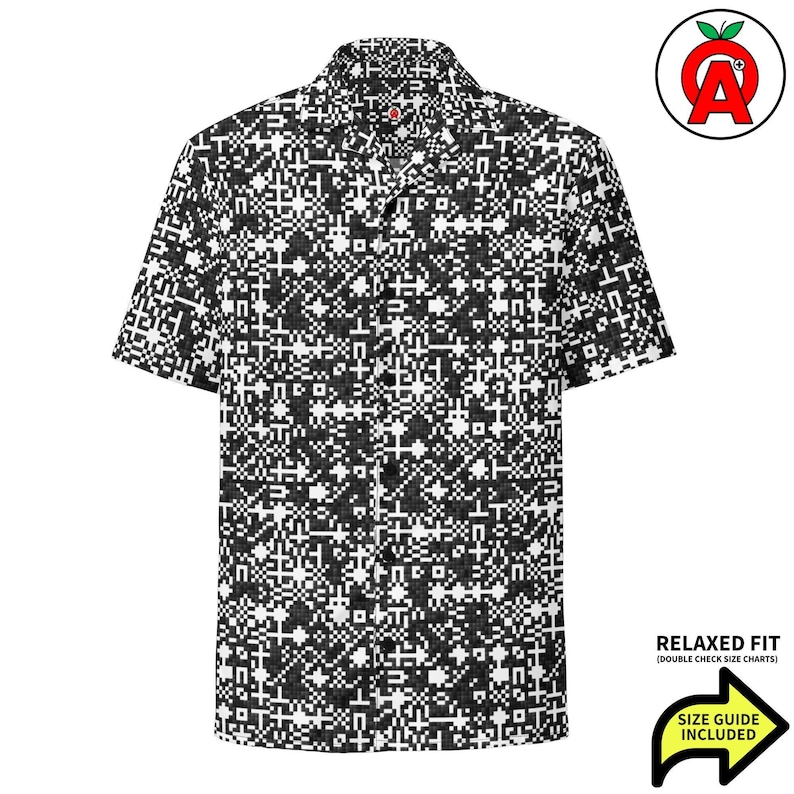 QR Code Barcode Data Matrix Pattern, Adult Unisex All-Over Relaxed Fit Button Up Hawaiian Shirt, Moisture Wicking UPF50+ Material Tech Gift