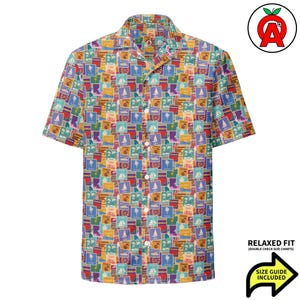Retro Souvenir Hawaiian Shirt, Vacation Postcard Aloha Shirt, Stamp Pattern Button Down, Tropical Travel Camp Shirt