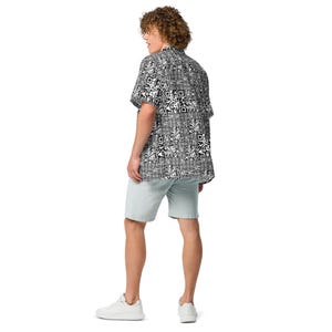 QR Code Barcode Data Matrix Pattern, Adult Unisex All-Over Relaxed Fit Button Up Hawaiian Shirt, Moisture Wicking UPF50+ Material, For Gift