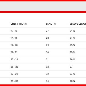 May include: A white size chart with black text, displaying measurements in inches for chest width, length, and sleeve length. Sizes range from XS to 4XL. The chart is for apparel.