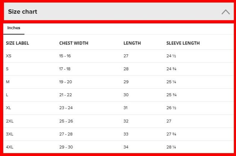 May include: A white size chart with black text, displaying measurements in inches for chest width, length, and sleeve length. Sizes range from XS to 4XL. The chart is for apparel.