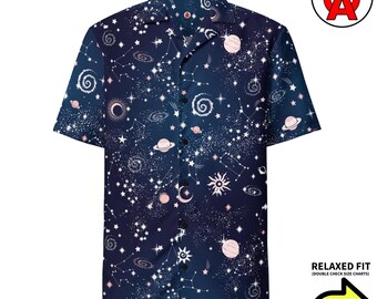 Space Hawaiian Shirt, Galaxy Aloha Shirt, Celestial Button Down, Planets Button Up, Astronomy Beach Top, Stargazing Tropical Resort Top