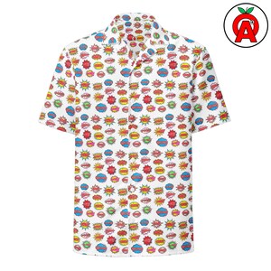 Comic Book Sayings Pattern Shirt Adult Unisex All-Over Button Up Shirt, Hawaiian, Button Down, Tropical, Party, Apparel, Gift, Designer Up