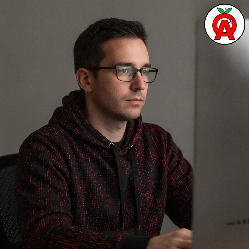 A man in his 30s wearing the hoodie during a coding session showing off Binary Code AOP Hoodie, Computer Programming Unisex Top, Matrix Code Graphic Pullover, Hacker Soft Sweater