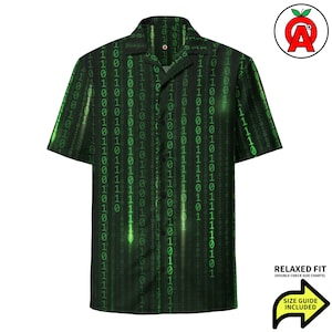 Binaire matrixpatroon, volwassen unisex volledig ontspannen pasvorm Hawaiiaans shirt met knopen, vochtafvoerend materiaal UPF50+, Tech Coder Hacker Gift