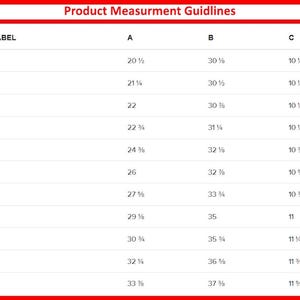 Puede incluir: Una tabla de medidas de productos con etiquetas de tallas y medidas en pulgadas. La tabla incluye tallas de 2XS a 6XL, con medidas para A, B y C. El texto "Product Measurement Guidelines" est&aacute; en la parte superior.