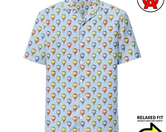 Schwimmende bunte Heißluftballon-Show-Muster, Erwachsene Unisex All-Over Relaxed Fit Button Up, Feuchtigkeitstransport