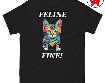 Whimsical Feline Fine T-Shirt, Colorful Cat Illustration, Vibrant Cat Lover Gift