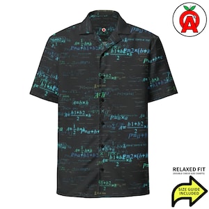 Camicia hawaiana matematica, camicia a maniche corte con bottoni e tema equazioni, camicia a vestibilità comoda con tema calcolo, camicia con bottoni e tema logica, asciugatura rapida, materiale con protezione UPF50+