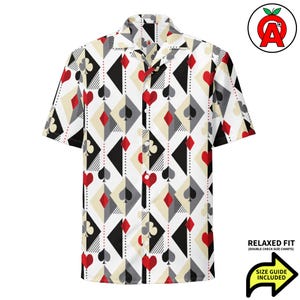 Hawaiiaans overhemd met speelkaartenmotief, pokeroverhemd met knoopsluiting, casino Aloha-shirt, overhemd met knoopsluiting voor kaartspellen, strandtop met ruitpatroon