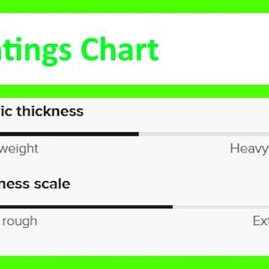 May include: A green-bordered graphic with the text "Ratings Chart" at the top. Below are two scales: "Fabric thickness" ranging from lightweight to heavyweight, and "Softness scale" from extra rough to extra soft.