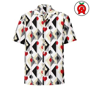 Playing Card Suit Pattern Adult Unisex All-Over Relaxed Fit Button Up Shirt, poker gift, casino wear, card game shirt, gambling style