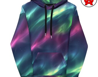 Aurora Borealis AOP Hoodie, Stargazer Unisex Top, Night Sky Graphic Pullover, Celestial Soft Sweater