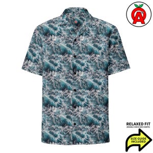 Ocean Waves Hawaiian Shirt, Surf Short Sleeve Button Down, Surfer Relaxed Fit Shirt, Beachgoer Button Up, Quick Dry, UPF50+
