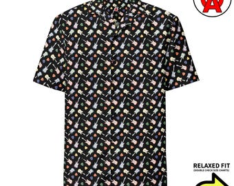 Chemise hawaïenne guitare électrique, chemise à boutons médiator, chemise Aloha cordes, chemise rocker camp, chemise à boutons musicien, haut de plage ampli