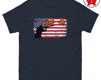 Pull T-Shirt, Trap Shooting American Flag Tee, Clay Shooting Gift, Skeet Shooter Shirt, Patriotic Shotgun Top, Sport Shooter Apparel