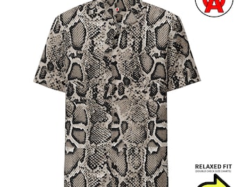 Snakeskin Schlangenhaut Ledermuster Erwachsene Unisex All-Over Relaxed Fit Button Up Hawaii-Hemd, recyceltes Polyester, Feuchtigkeitstransport