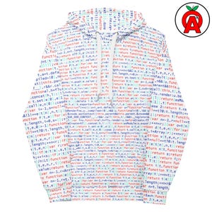 Può includere: Felpa con cappuccio bianca con zip, decorata con blocchi ripetuti di codice colorato. L'indumento ha un cappuccio, una zip frontale e un piccolo logo in alto a destra. Il tema è la tecnologia e la codifica.