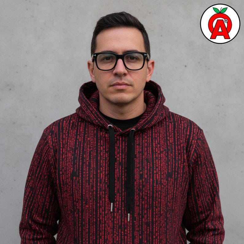 A man in his 30s wearing thick-rimmed glasses showing off Matrix Binary AOP Hoodie, Computer Programming Unisex Top, Software Engineer Graphic Pullover, Digital Code Soft Sweater