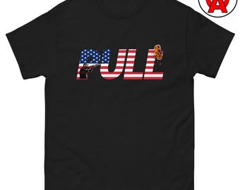 Pull Trap Shooting Shirt USA Flag Patriot | Adult Unisex T-Shirt | Graphic Tee | Gifts for Trap Shooters, Skeet Shooters, Sporting Clays