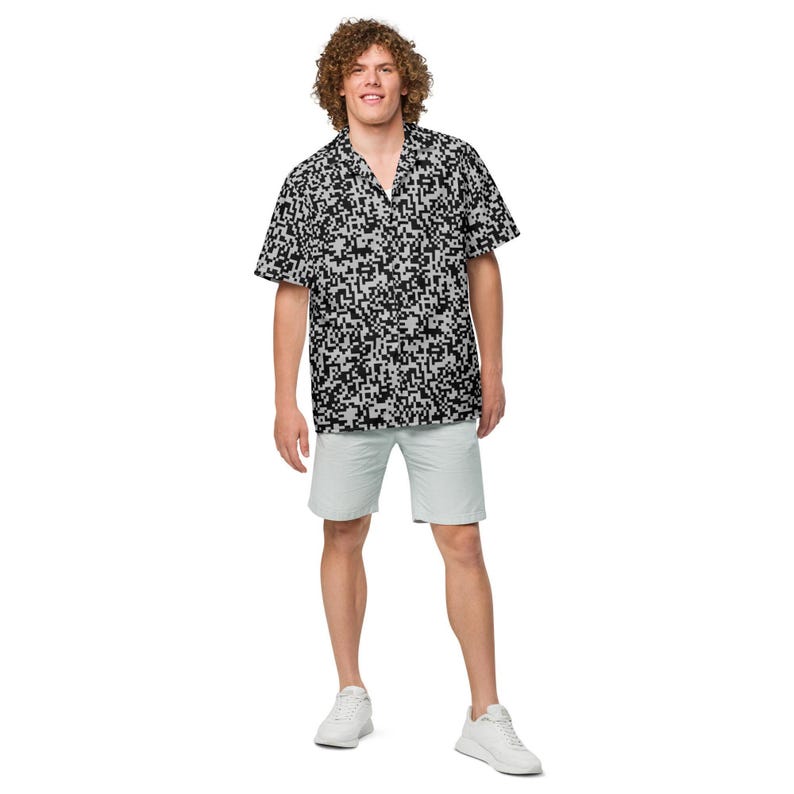 QR Code Barcode Data Matrix Pattern, Adult Unisex All-Over Relaxed Fit Button Up Hawaiian Shirt, Moisture Wicking UPF50+ Material, Tech Gift
