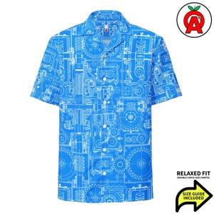 Mechanical Blue Engine Print Adult Unisex All-Over Button Up Shirt, Gift for Engineers, Math Nerd Apparel, Tech Hawaiian Engine Design Up