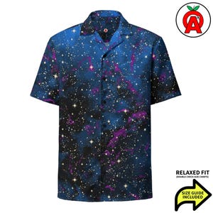 Space Stars Galaxies Print, Unisex All-Over Relaxed Fit Button Up Shirt, Hawaiihemd, Sci-Fi-Mode, Astronomie-Liebhaber Geschenk Button