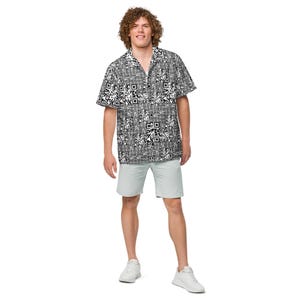 QR Code Barcode Data Matrix Pattern, Adult Unisex All-Over Relaxed Fit Button Up Hawaiian Shirt, Moisture Wicking UPF50+ Material, For Gift
