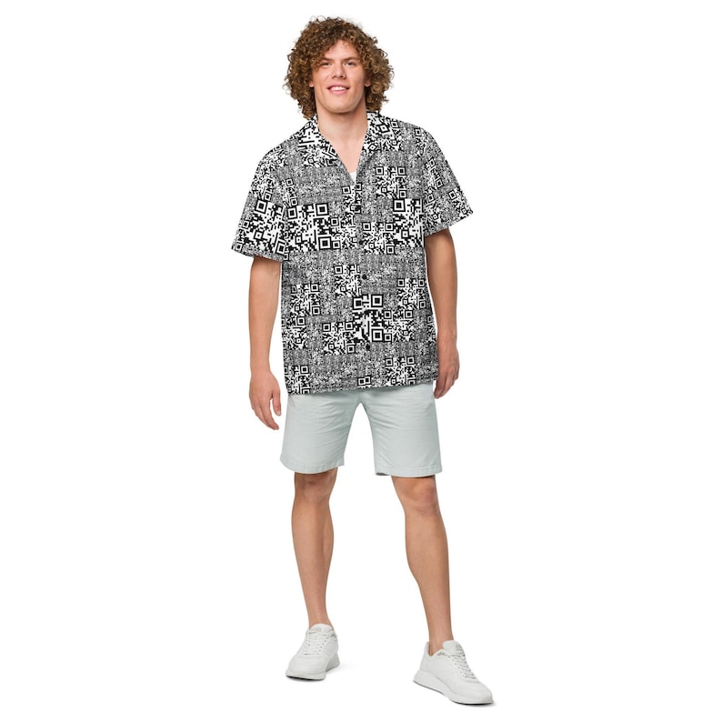 QR Code Barcode Data Matrix Pattern, Adult Unisex All-Over Relaxed Fit Button Up Hawaiian Shirt, Moisture Wicking UPF50+ Material, For Gift